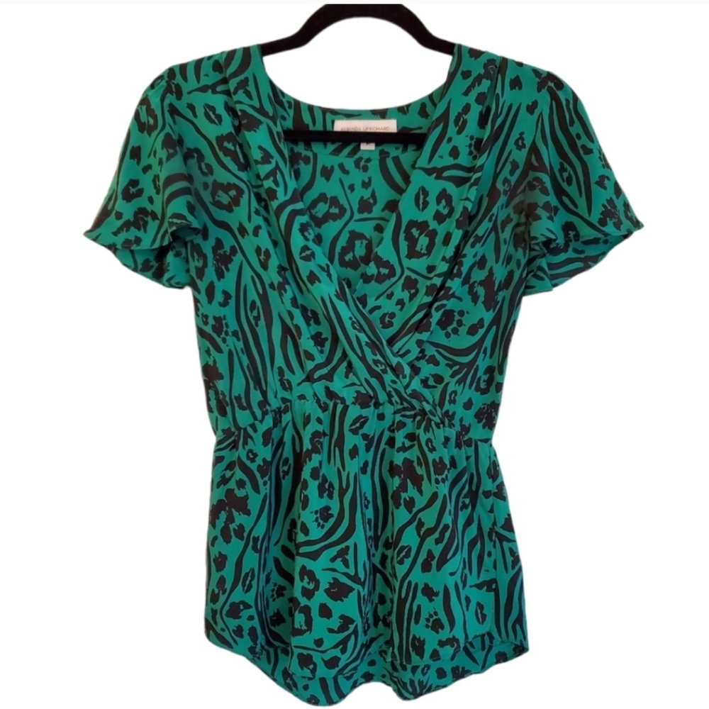 Amanda Uprichard Womens‎ Petite Small Silk Peplum Vneck Animal Black Green S M